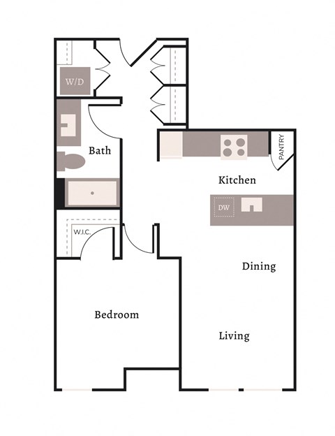 Floor plan for 1 bed, 1 bath, 677 sqft